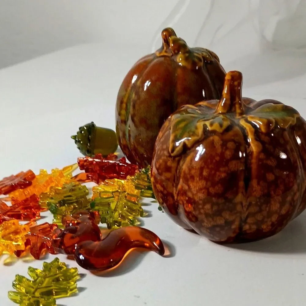 Vintage Greenbrier Ceramic Pumpkin Figurines Pair - Fall Autumn Harvest Decor